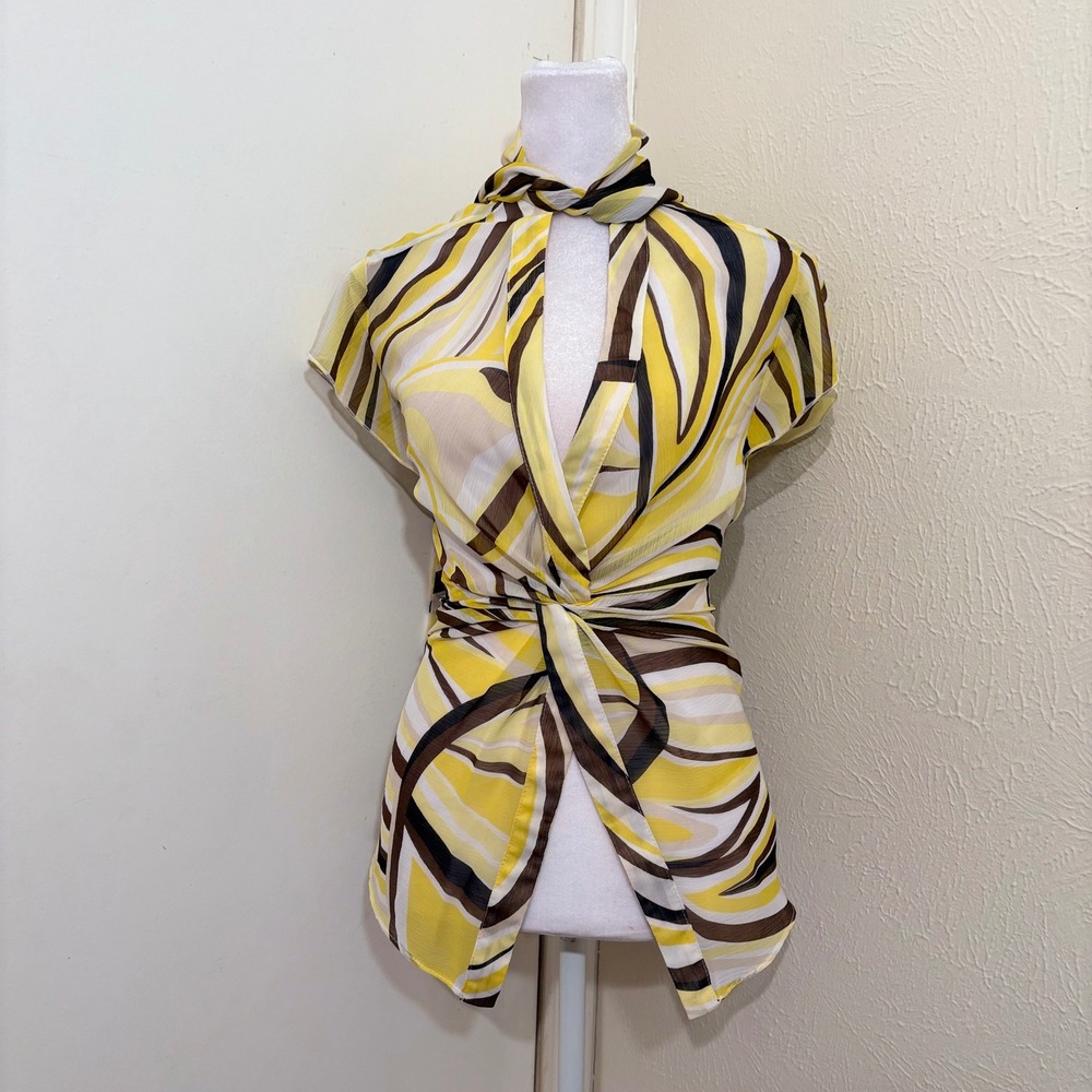 Cache Sheer Yellow Brown Psychedelic Swirl Tie Neck Twist Knot Front Blouse L